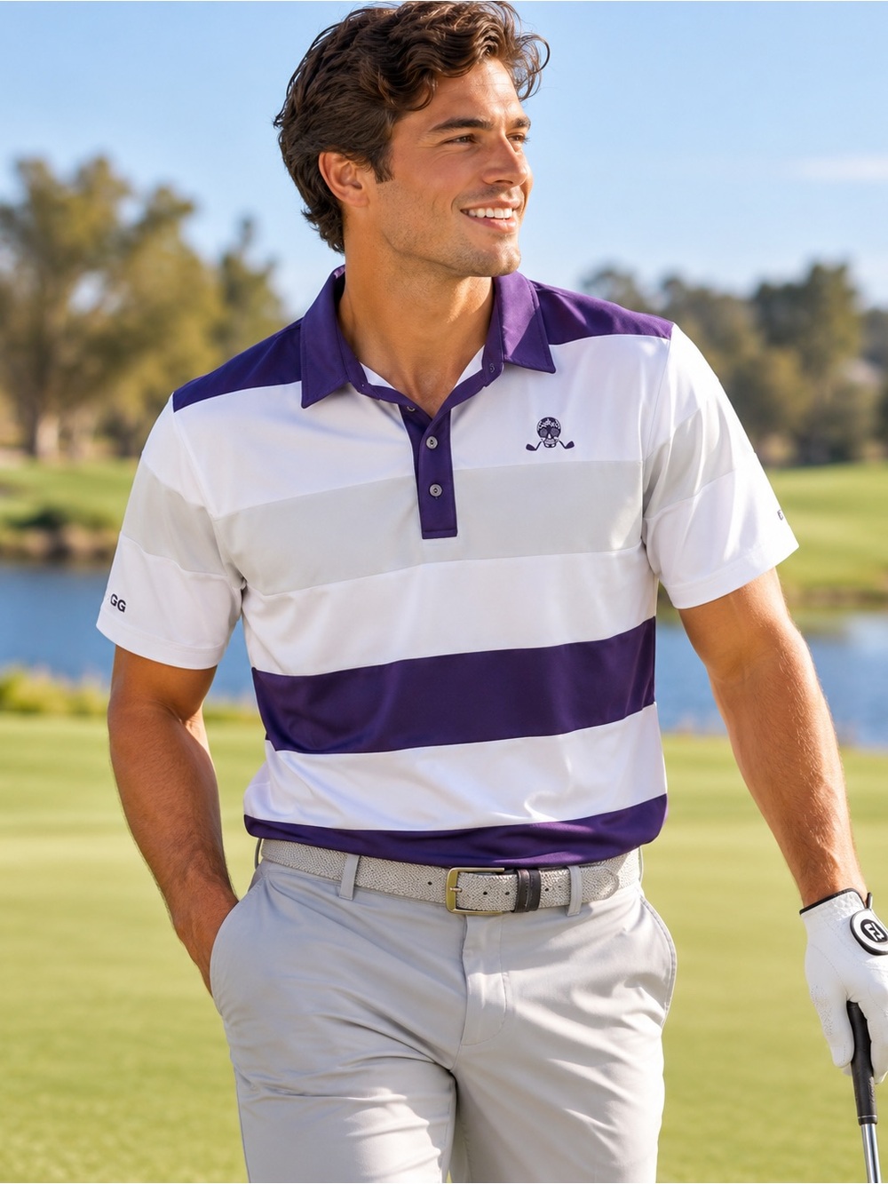 Chuco Golf Men’s M Performance Polo Purple White Stripe Moisture Wicking Stretch
